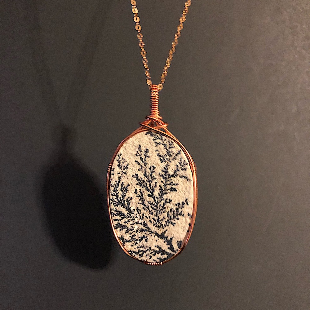 HandCrafted Copper Chain Necklace w/ Large Natural Psilomelane Dendrite Pendant